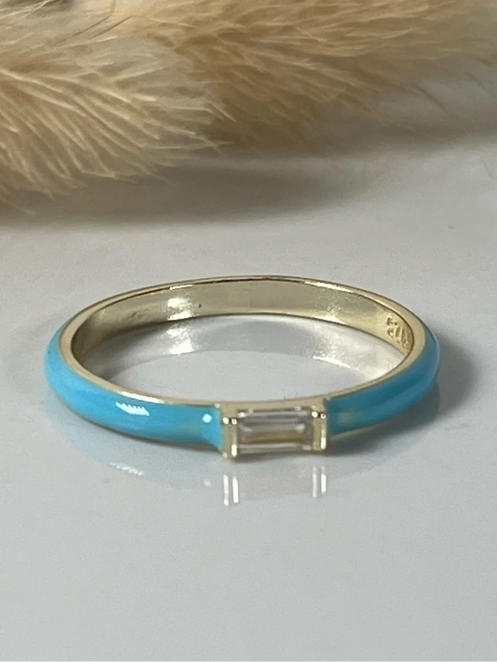 Gold Plated 925 Sterling Silver Turquoise Colored Enamel Ring CZ Size 7